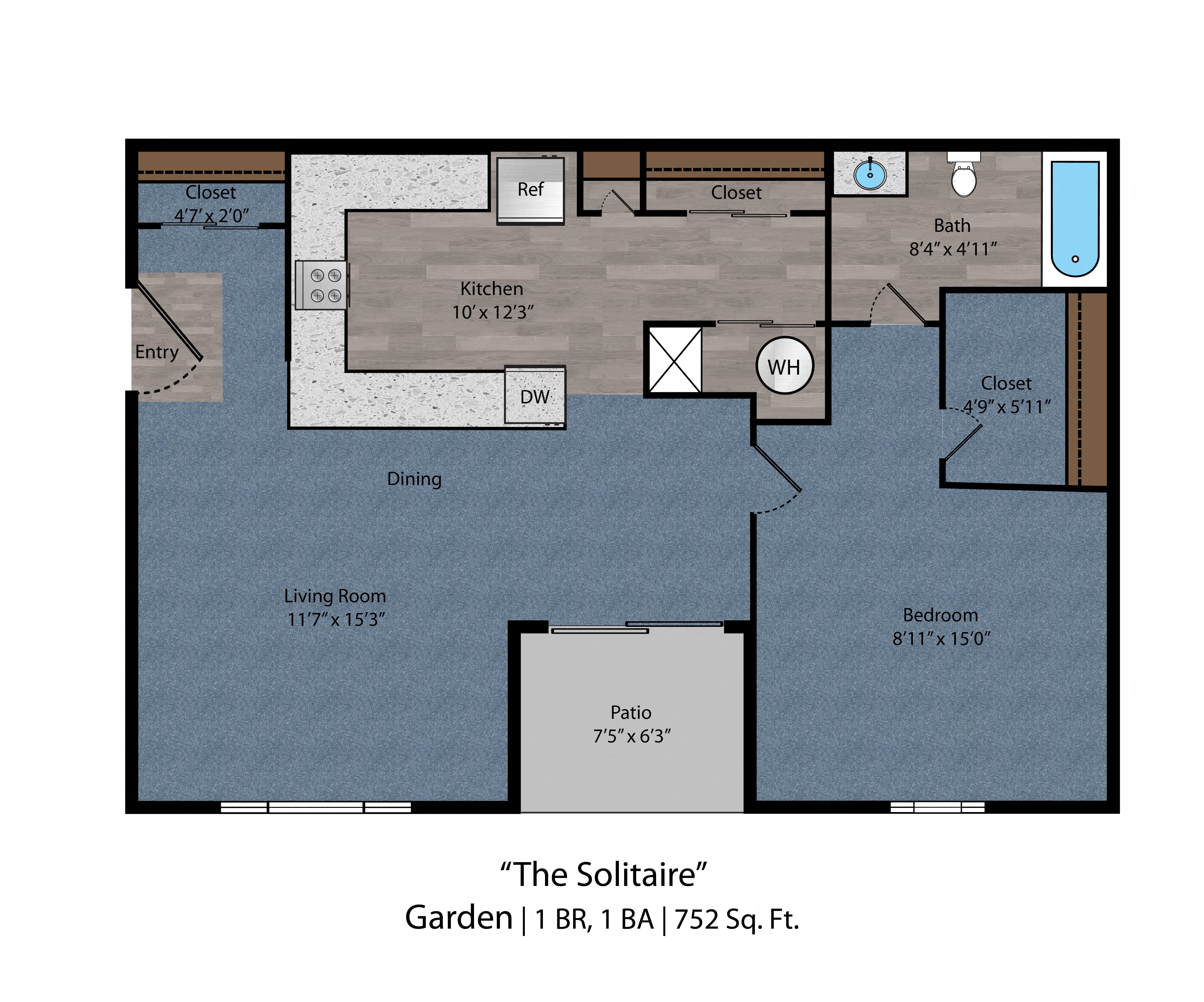 Floor plan for 1 bed, 1 bath, 752 sqft